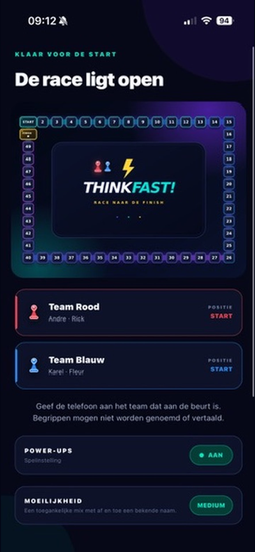 ThinkFast! speloverzicht met digitaal speelbord, teams en voortgang